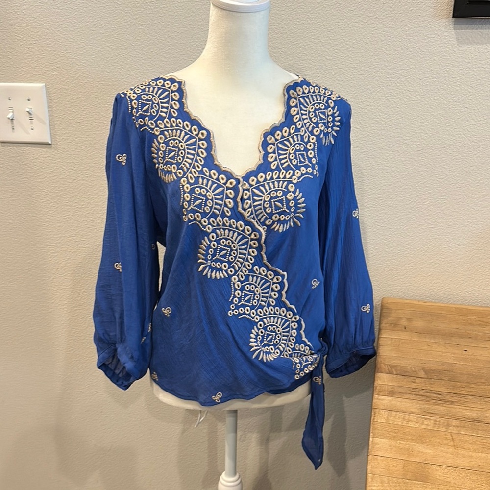 Fig and Flower Blue Embellished Wrap Blouse